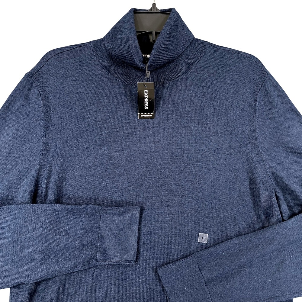 Express Merino Wool Blend Turtleneck Sweater Mens L Navy Blue Knit Casual Wear - Picture 1 of 12